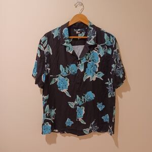 The Kooples Camp Shirt Tropical Hawaiin Floral Blue Short Sleeve Mens L Tropical